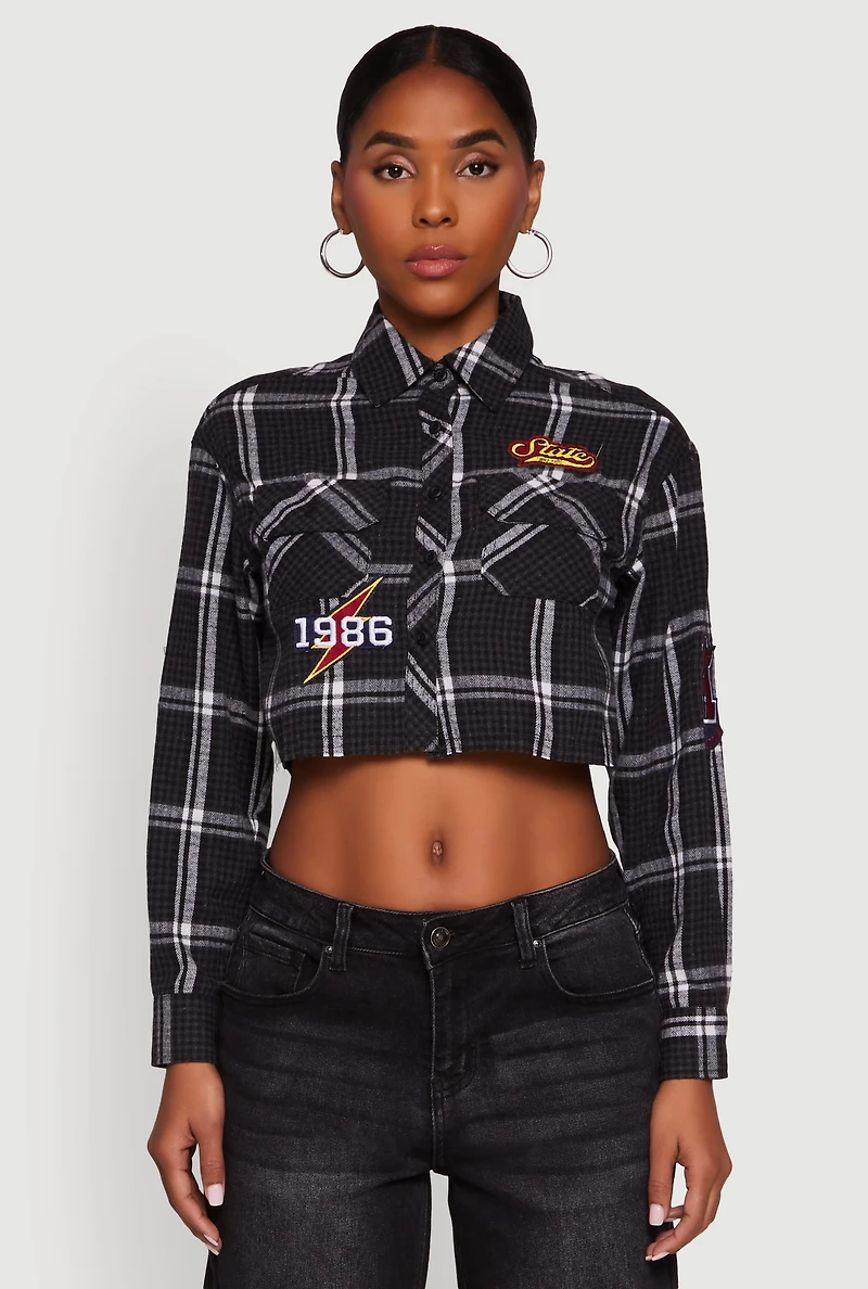 Womens 1986 Lightning Patch Plaid Cropped Button Front Shirt, Black, Size M