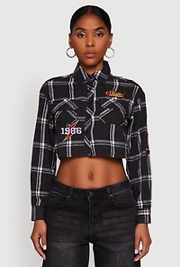 Womens 1986 Lightning Patch Plaid Cropped Button Front Shirt, Black, Size M