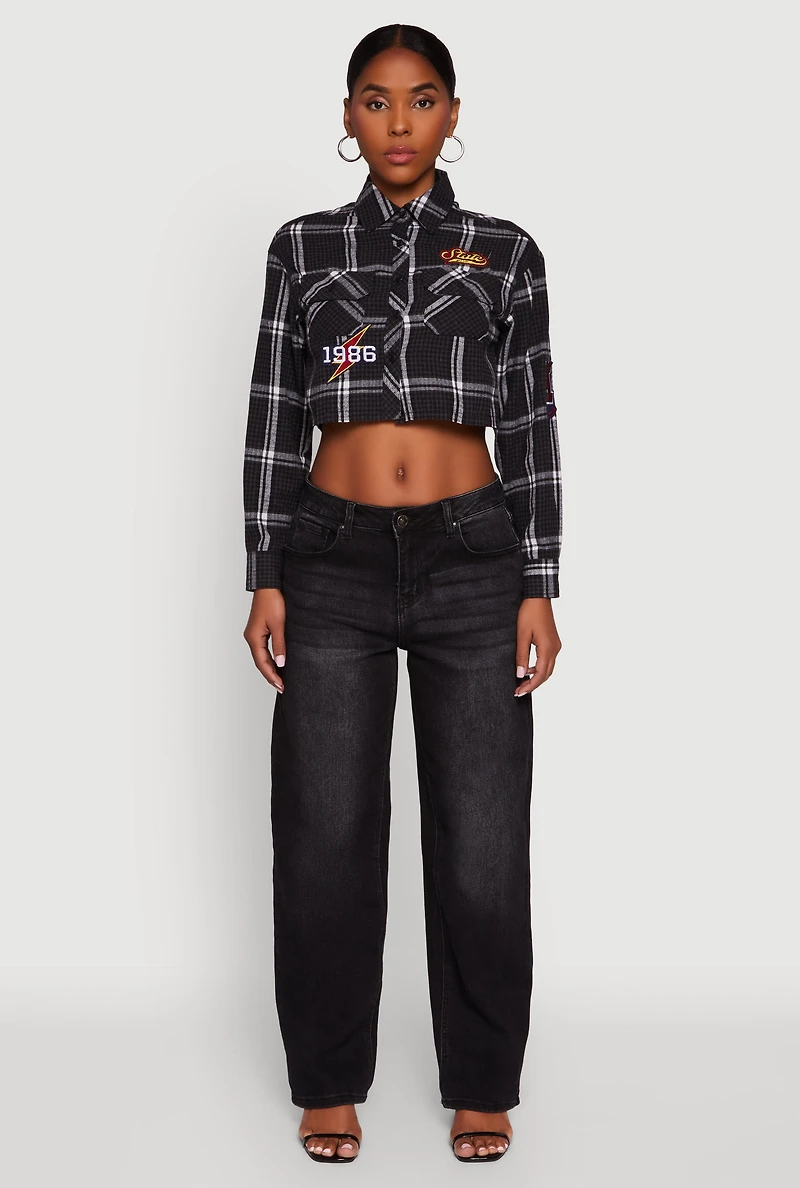 Womens 1986 Lightning Patch Plaid Cropped Button Front Shirt, Black, Size L