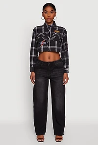 Womens 1986 Lightning Patch Plaid Cropped Button Front Shirt, Black, Size L