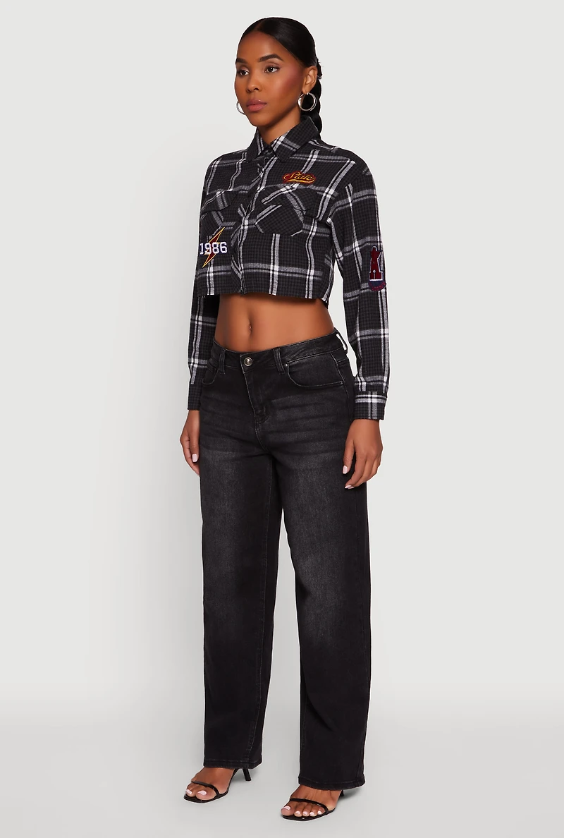 Womens 1986 Lightning Patch Plaid Cropped Button Front Shirt, Black, Size M