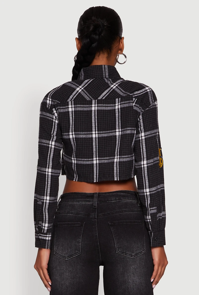 Womens 1986 Lightning Patch Plaid Cropped Button Front Shirt, Black, Size M