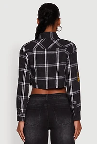 Womens 1986 Lightning Patch Plaid Cropped Button Front Shirt, Black, Size M