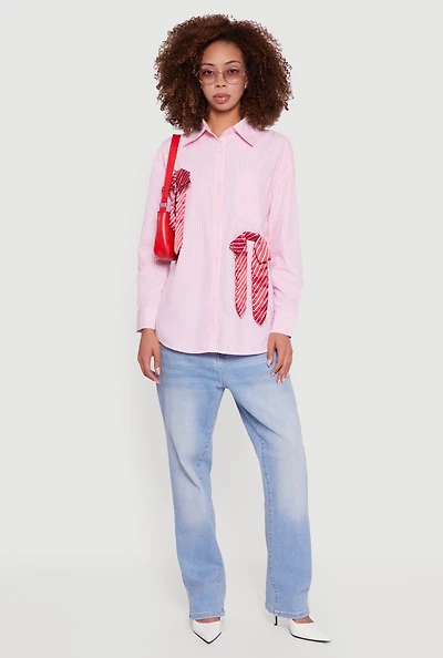 Womens Pinstripe Satin Bow Poplin Shirt, Pink, Size L