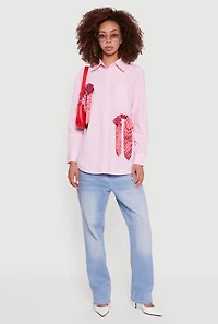 Womens Pinstripe Satin Bow Poplin Shirt, Pink, Size L