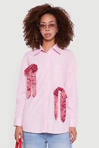 Womens Pinstripe Satin Bow Poplin Shirt, Pink, Size L