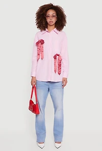 Womens Pinstripe Satin Bow Poplin Shirt, Pink, Size L