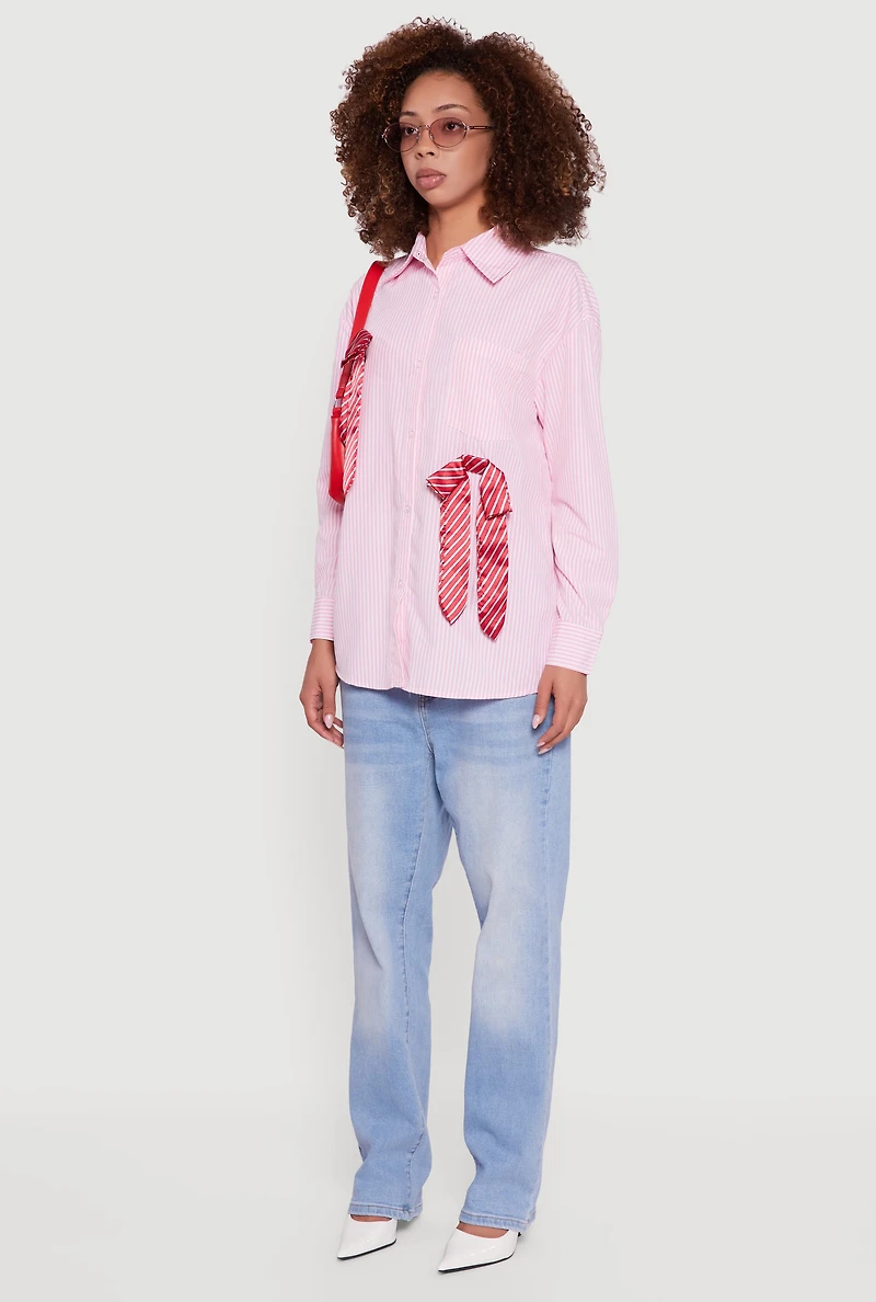 Womens Pinstripe Satin Bow Poplin Shirt, Pink, Size L