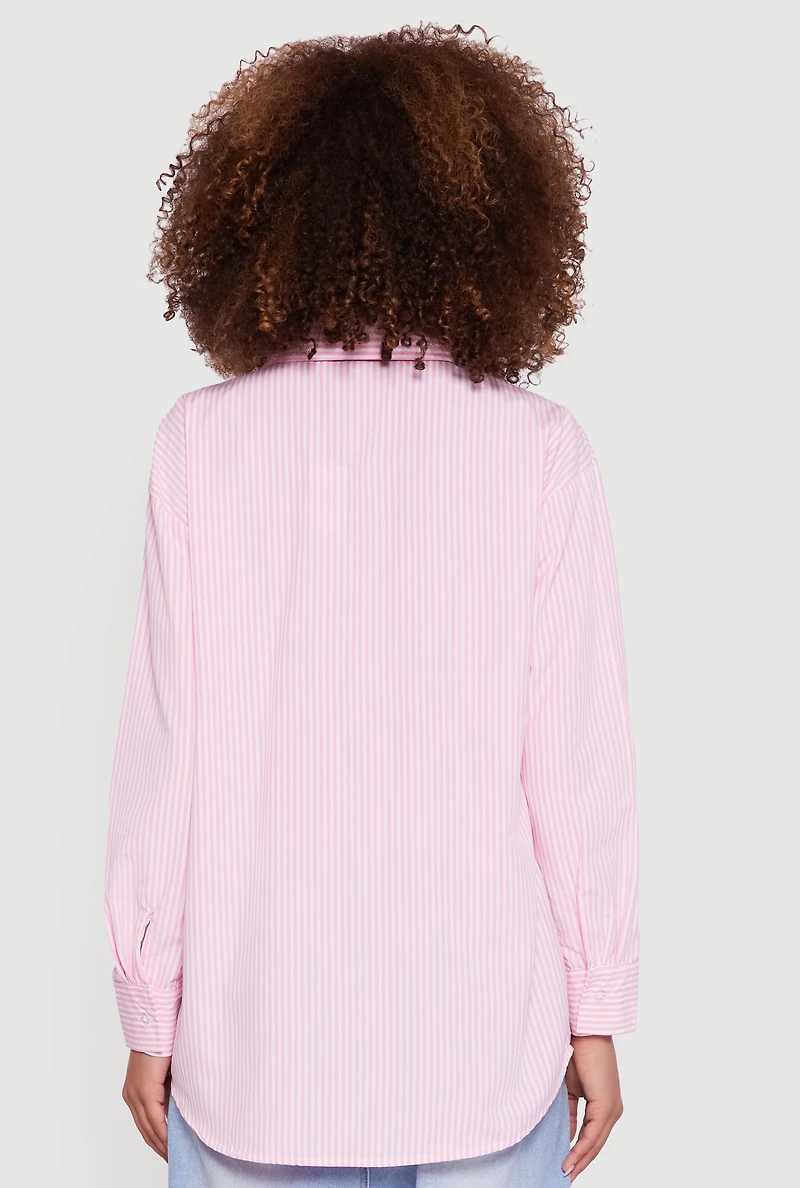 Womens Pinstripe Satin Bow Poplin Shirt, Pink, Size L
