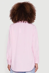 Womens Pinstripe Satin Bow Poplin Shirt, Pink, Size L