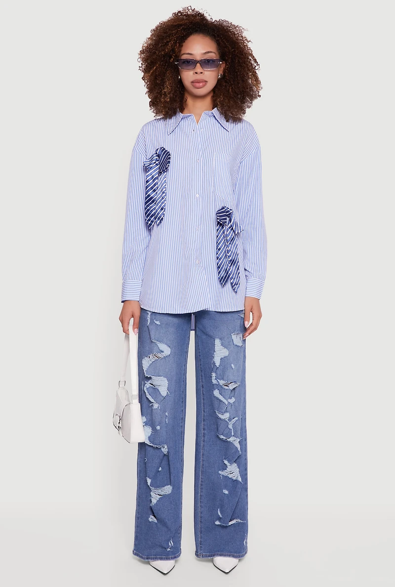 Womens Pinstripe Satin Bow Poplin Shirt, S