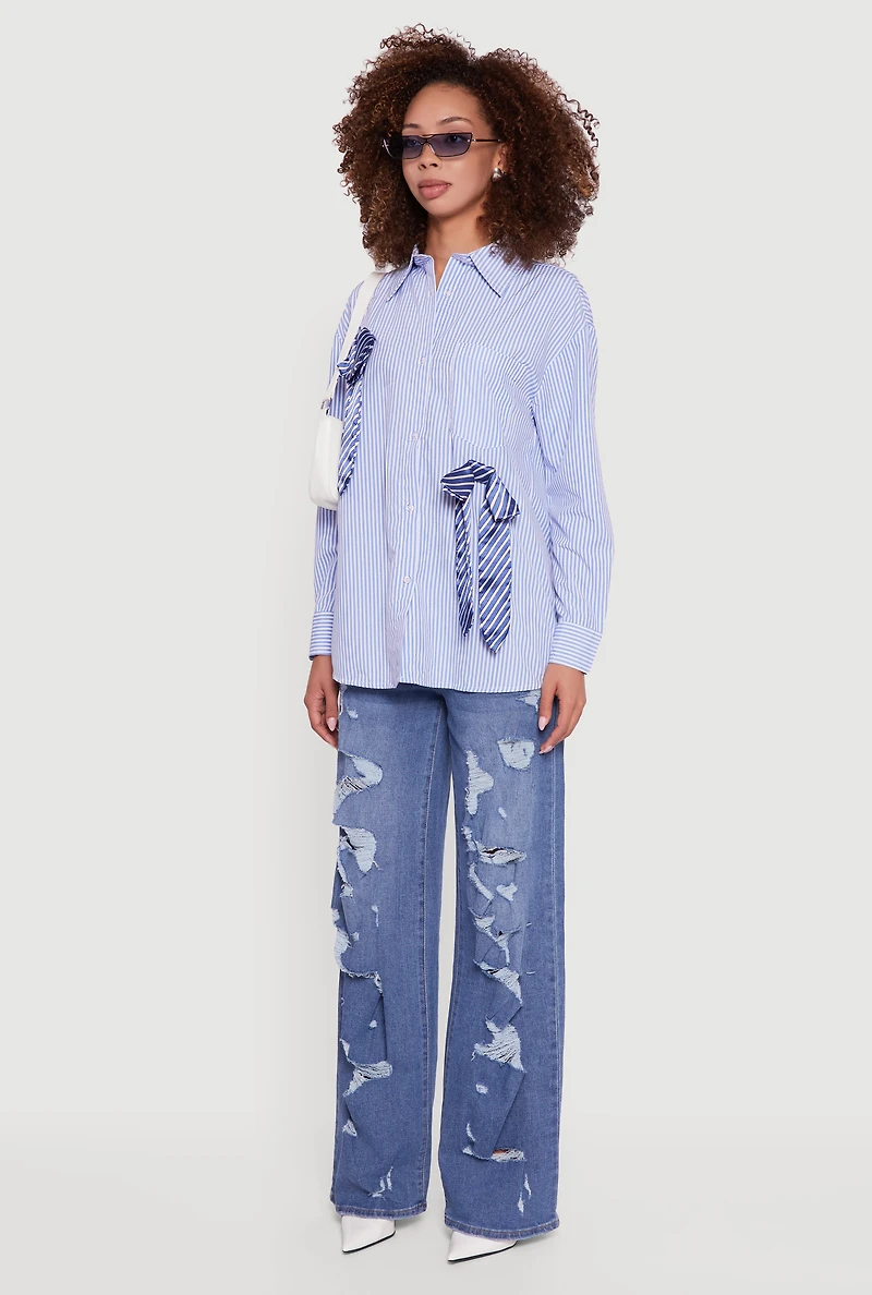 Womens Pinstripe Satin Bow Poplin Shirt, S