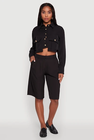 Womens Classic Fit Solid Long Sleeve Shirt with Cropped Hem, S