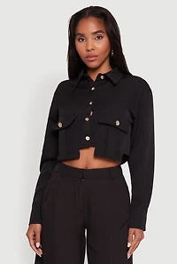 Womens Classic Fit Solid Long Sleeve Shirt with Cropped Hem,