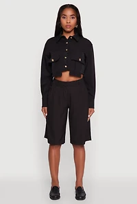 Womens Classic Fit Solid Long Sleeve Shirt with Cropped Hem,