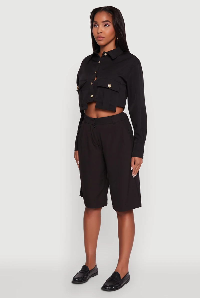 Womens Classic Fit Solid Long Sleeve Shirt with Cropped Hem,
