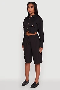 Womens Classic Fit Solid Long Sleeve Shirt with Cropped Hem,