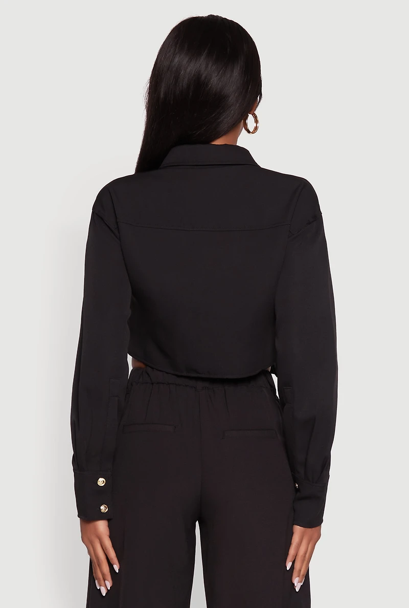 Womens Classic Fit Solid Long Sleeve Shirt with Cropped Hem, S