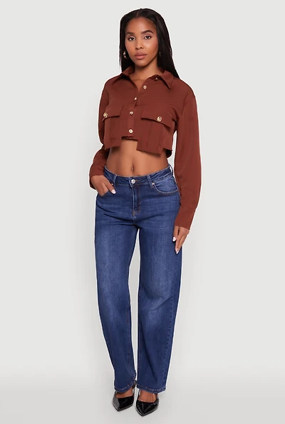 Womens Classic Fit Solid Long Sleeve Shirt with Cropped Hem, Brown, Size S