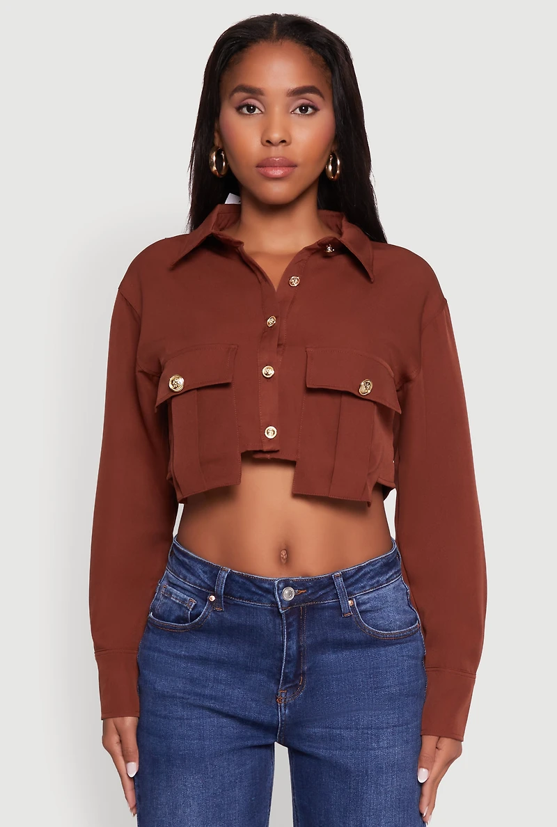 Womens Classic Fit Solid Long Sleeve Shirt with Cropped Hem, Brown, Size S