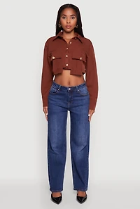 Womens Classic Fit Solid Long Sleeve Shirt with Cropped Hem, Brown, Size S