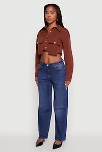 Womens Classic Fit Solid Long Sleeve Shirt with Cropped Hem, Brown, Size S