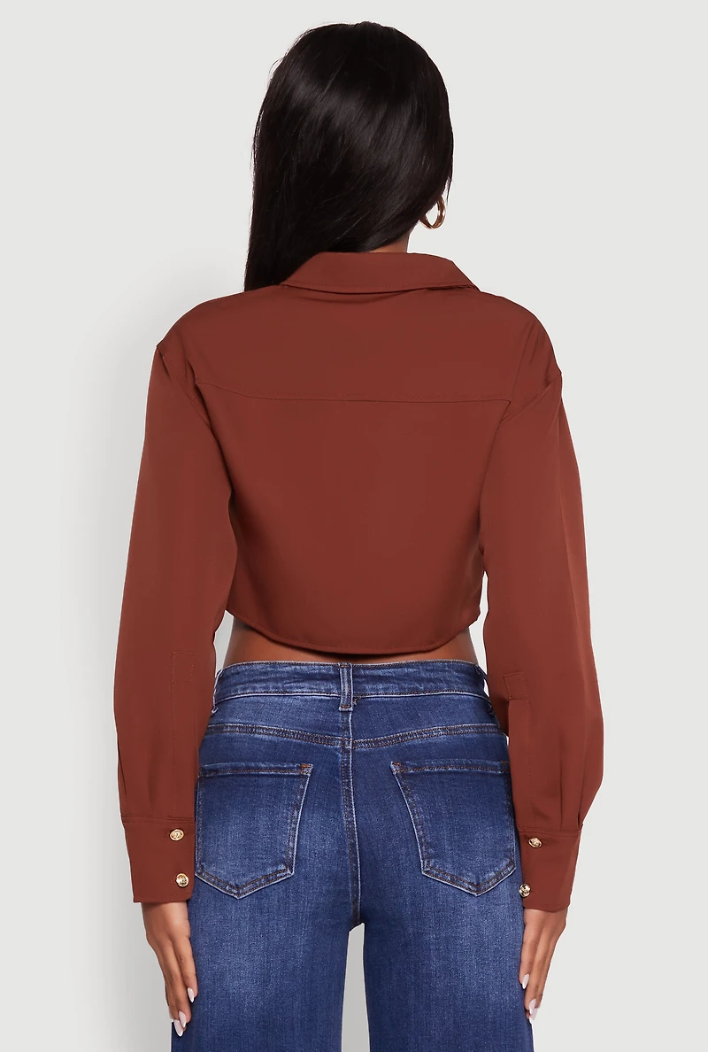 Womens Classic Fit Solid Long Sleeve Shirt with Cropped Hem, Brown, Size S