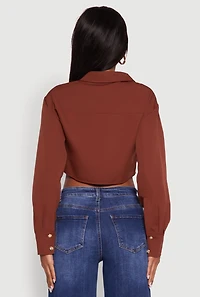 Womens Classic Fit Solid Long Sleeve Shirt with Cropped Hem, Brown, Size S