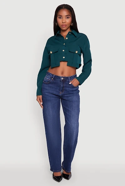 Classic Fit Solid Long Sleeve Shirt with Cropped Hem
