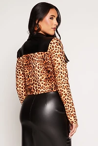 Womens Leopard Faux Leather Fringe Shirt, Multi, Size M
