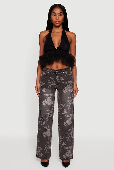 Tulle Ruffle Hem Backless Cropped Halter Top