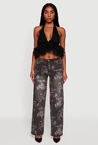 Tulle Ruffle Hem Backless Cropped Halter Top