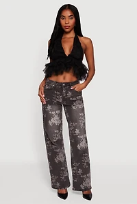 Tulle Ruffle Hem Backless Cropped Halter Top