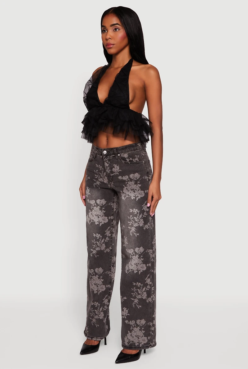 Tulle Ruffle Hem Backless Cropped Halter Top