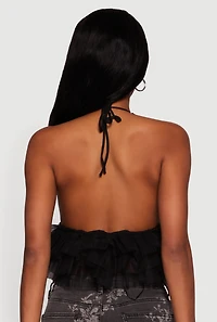 Tulle Ruffle Hem Backless Cropped Halter Top