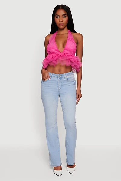 Tulle Ruffle Hem Backless Cropped Halter Top