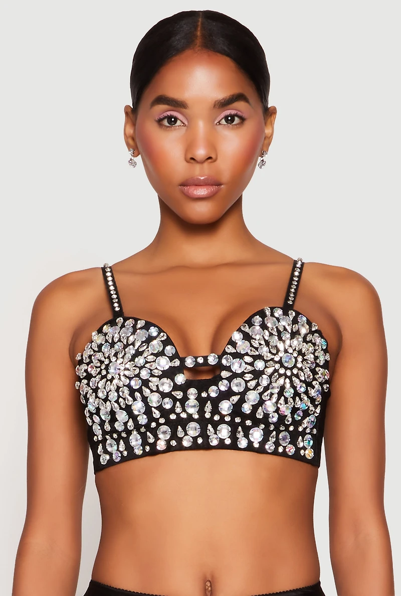 Womens Rhinestone Convertible Bustier Top, Black, Size M