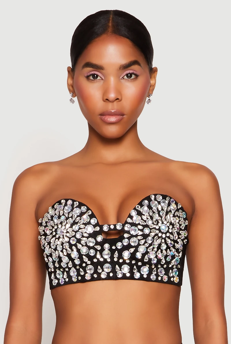Womens Rhinestone Convertible Bustier Top, Black, Size M