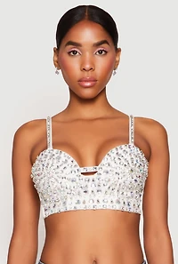 Womens Rhinestone Convertible Bustier Top, White,