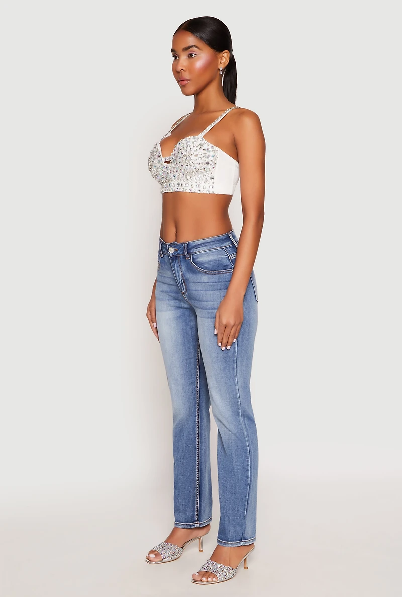 Womens Rhinestone Convertible Bustier Top, White,