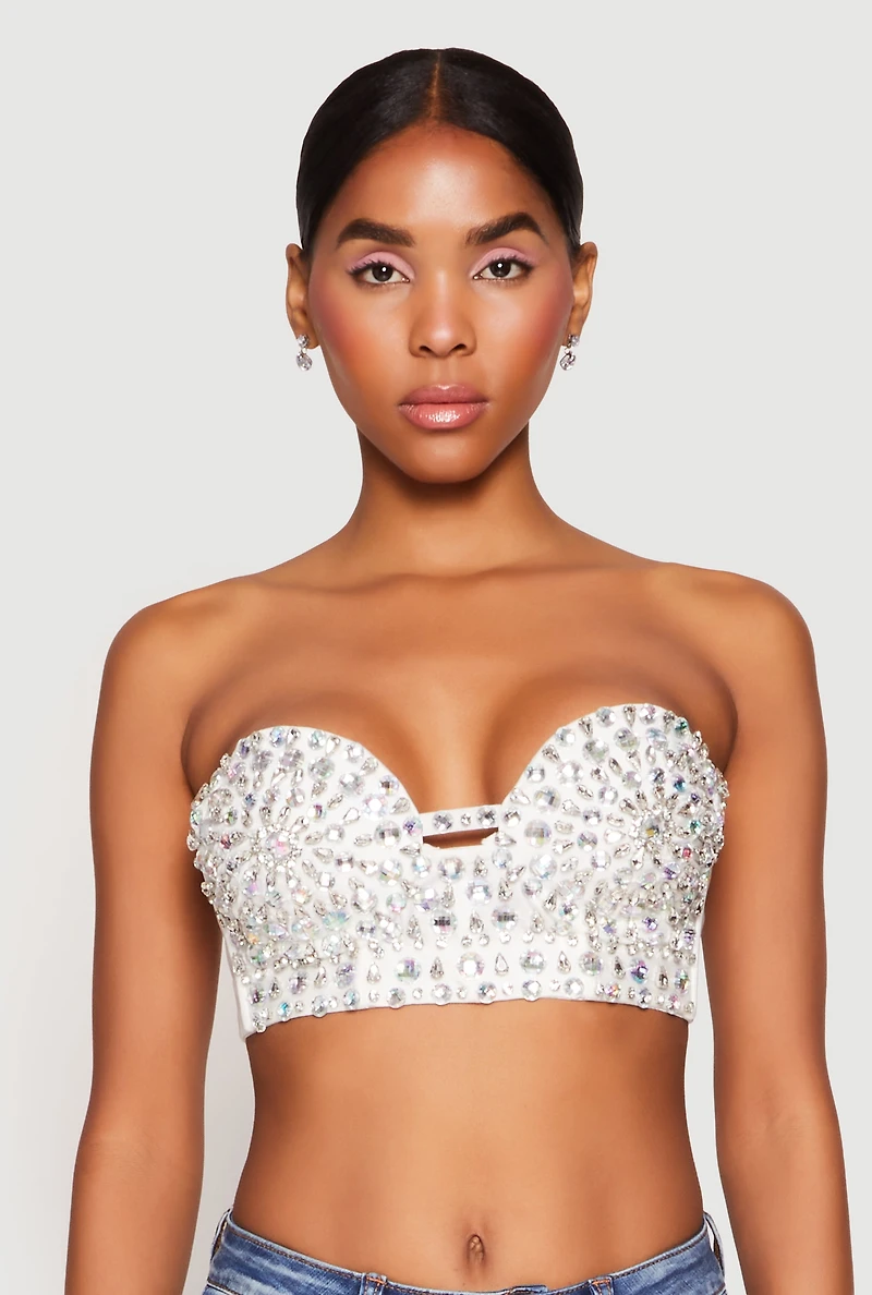 Womens Rhinestone Convertible Bustier Top, White,