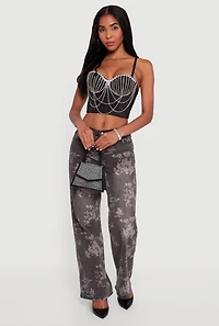 Womens Layered Rhinestone Convertible Bustier Crop Top, Black, Size L