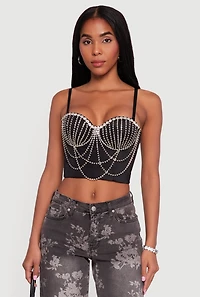 Womens Layered Rhinestone Convertible Bustier Crop Top, Black, Size L