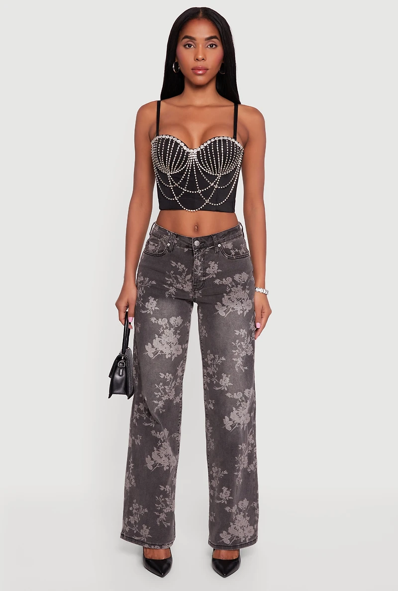 Womens Layered Rhinestone Convertible Bustier Crop Top, Black, Size M