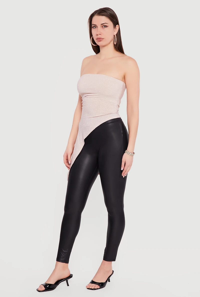 Side Ruched Glittery Asymmetrical Tube Top