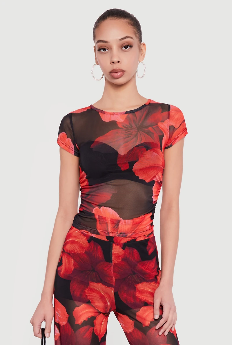 Floral Mesh Ruched Side Top