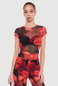 Floral Mesh Ruched Side Top