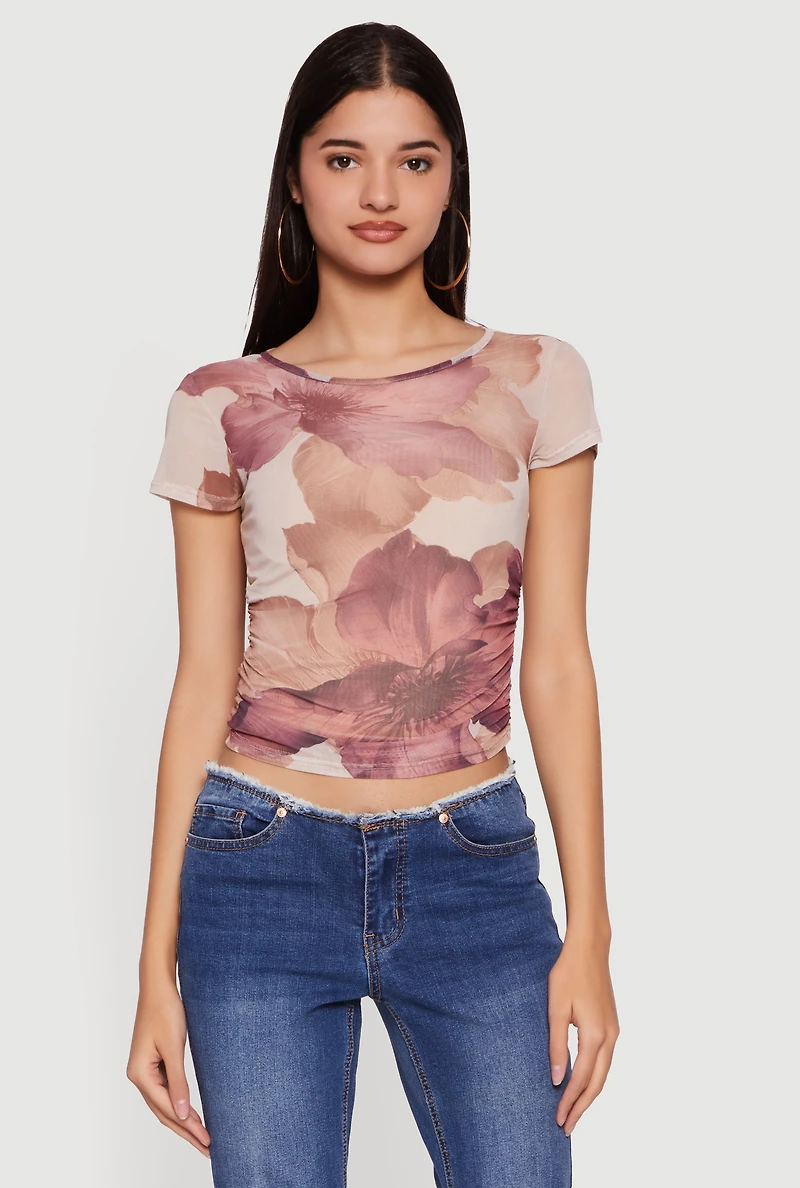 Floral Mesh Ruched Side Top