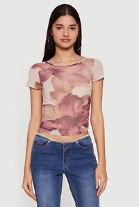Floral Mesh Ruched Side Top