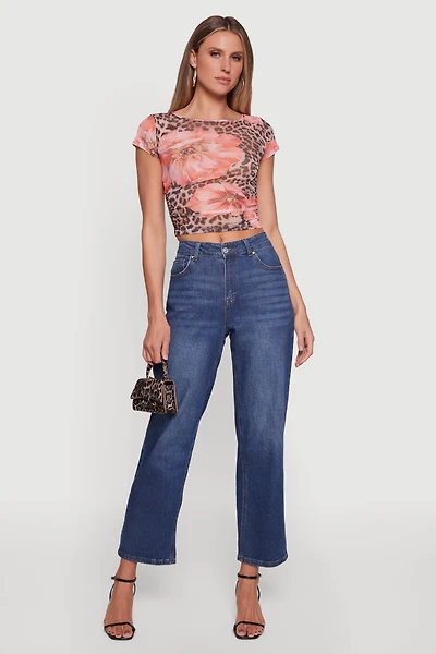 Floral Mesh Ruched Side Crop Top